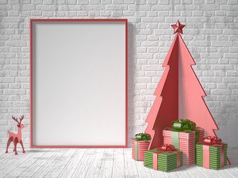 Mock up blank picture frame, Christmas tree decoration and gifts. 3D rendering illustration