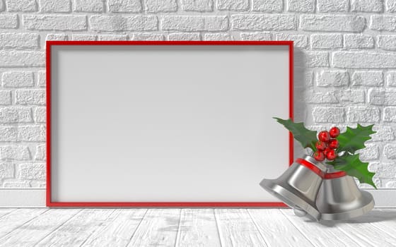 Mock-up red canvas frame, Christmas bells and brick wall. 3D rendering illustration