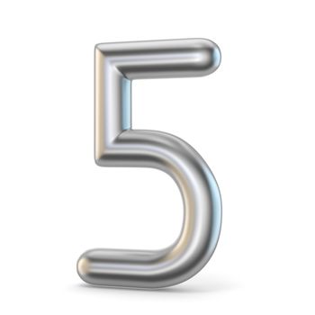 Metal silver font. Number FIVE 5 3D render illustration isolated on white background