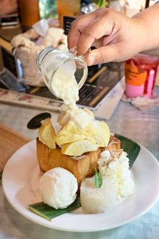 Fresh durian and ice cream served with toast and sticky rice