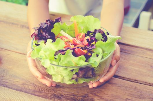 vegetable salad bowl and fruit juice - healthy eating concept