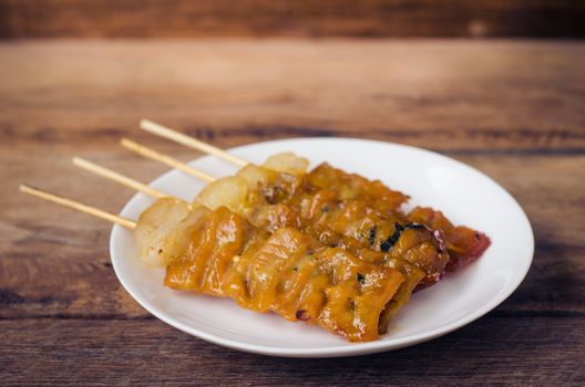 Thai styled pork babeque on wood backgrond