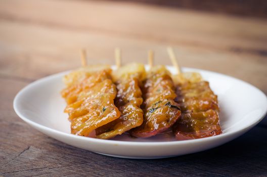 Thai styled pork babeque on wood backgrond