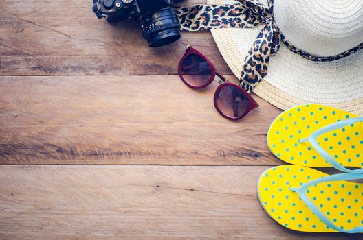 Accessories costume with travel for summer on wooden floor