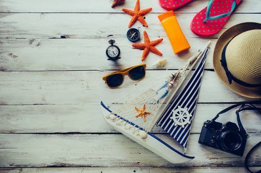Accessories costume with travel for summer on wooden floor