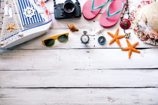 Accessories costume with travel for summer on wooden floor