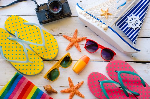 Accessories costume with travel for summer on wooden floor