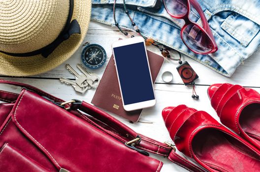 Travel Clothing accessories apparel along with women for the trip