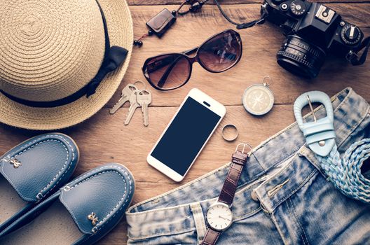 Travel accessories costumes. smart phone, luggage, The cost of travel prepared for the trip