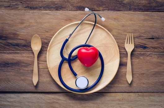 Medical Headphones Put On Wooden Plate - Healthy Eating Concept