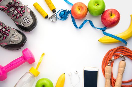 Fitness concept with Healthy food and exercise and free space for your text.