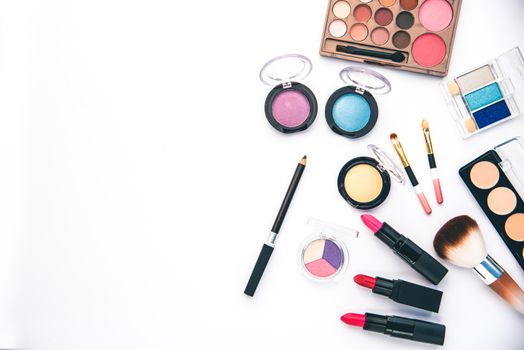 Set of decorative cosmetics for women on white background