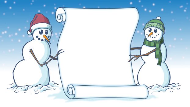 Merry Christams blank scroll card parchment held by two snowmen