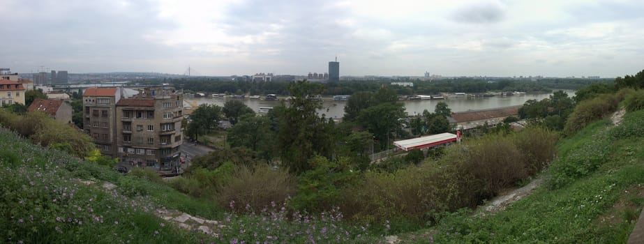 Panoramic view of the Danube and Sava rivers from the Belgrade fortress and Kalemegdan in Serbia on a cloudy summer day