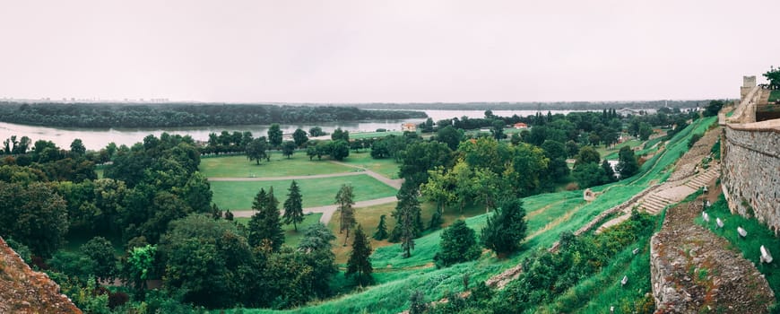 Panoramic view of the Danube and Sava rivers from the Belgrade fortress and Kalemegdan in Serbia on a cloudy summer day