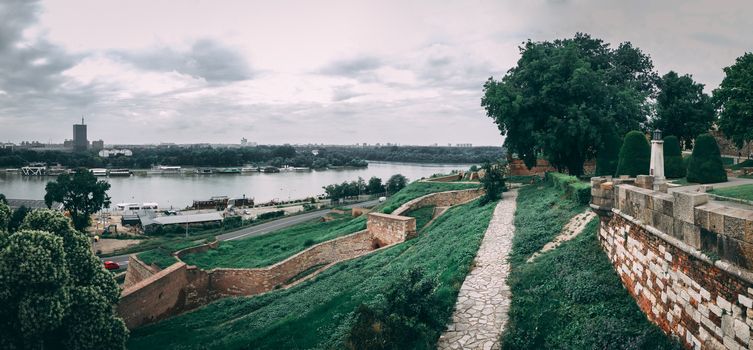 Panoramic view of the Danube and Sava rivers from the Belgrade fortress and Kalemegdan in Serbia on a cloudy summer day