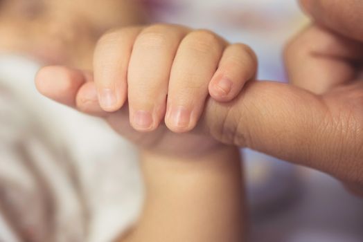 The hands of the mother  hold the baby's hand with love and caring.
