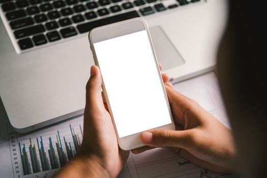 hands business holding blank screen mobile in desk work.