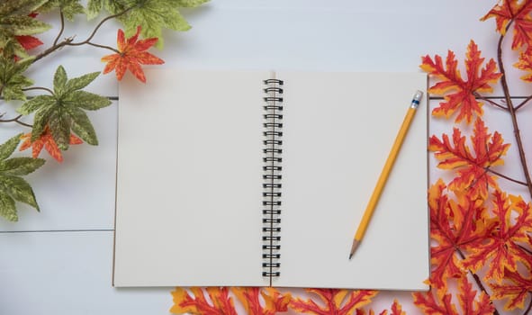 The leaves of the Maple and notebook are placed on a white wooden floor