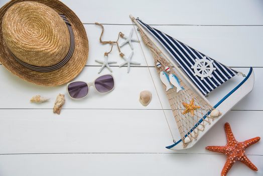 Accessories costume travel for summer on wooden floor