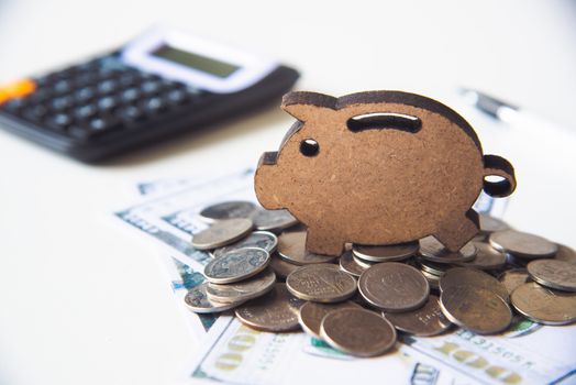 icon piggy save placed on pile of money -concept save money