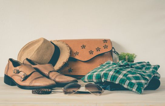 Clothing for men on the wooden floor