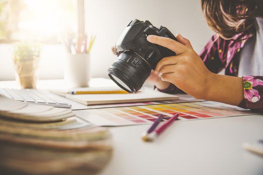 designer graphic creative ,creativity woman  working on camara and designing  coloring colour ideas style
