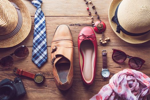 Clothing and accessories for men and women ready for travel - life style 