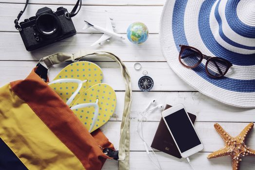 Accessories costume with travel for summer on wooden floor