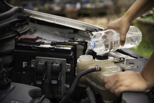 Professional mechanic checking filling water to car radiator. concept for safety before travel