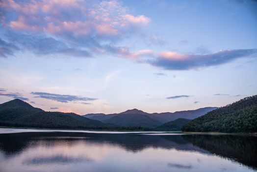 The landscape of the mountains and the river at the sunset Beautiful 