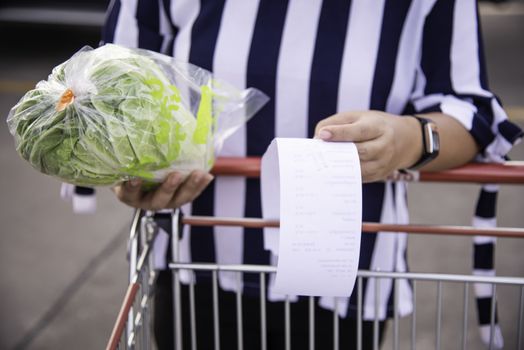 The woman who handles the receipt and the check in the shopping cart bought from the mall.