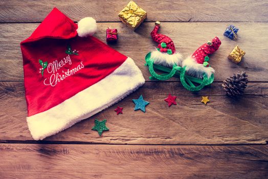 Decorations for Christmas celebrations are placed on wooden floors 