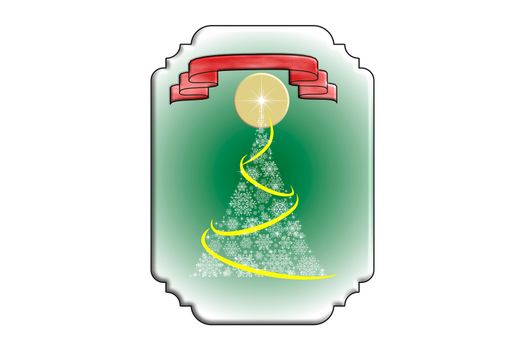 Green Christmas tree on tile with green gradient background and red banner with copy-space