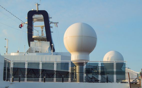 Communication antennas and other electronic equipment on the upper deck of the cruise liner MSC Meraviglia, October 7, 2018