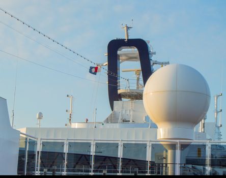 Communication antennas and other electronic equipment on the upper deck of the cruise liner MSC Meraviglia, October 7, 2018