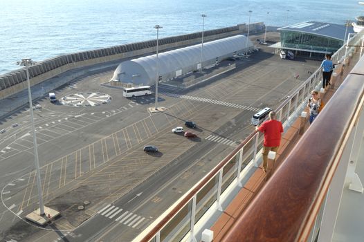 Parking and terminal scene from the cruise ship, top view, Civitavecchia, Italy, 7 October 2018.