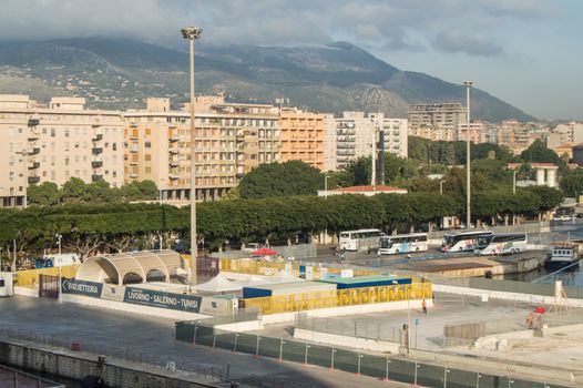 Panorama of the waterfront and the port in the tourist center of Palermo, Sicily, Italy, October 8, 2018.