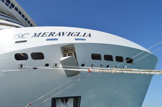 Close-up of luxury cruise liner MSC Meraviglia, the name of the ship is written on the starboard side, October 7, 2018.