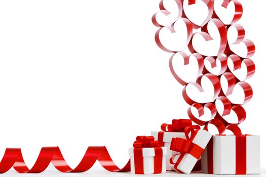 White boxes with red ribbons and decorative hearts isolated on white background