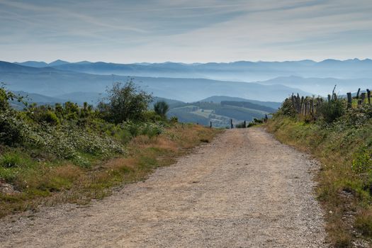 Panoramic landscape along the Camino de Santiago trail between Fonsagrada and O Cadavo, Galicia, Spain