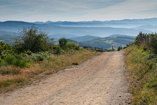 Panoramic landscape along the Camino de Santiago trail between Fonsagrada and O Cadavo, Galicia, Spain