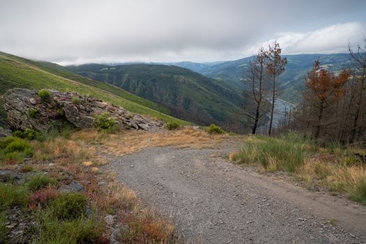 Water reservoir close to Grandas de Salime, beautiful landscape along the Camino de Santiago trail, Asturias, Spain