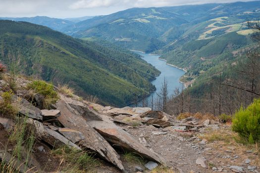 Water reservoir close to Grandas de Salime, beautiful landscape along the Camino de Santiago trail, Asturias, Spain