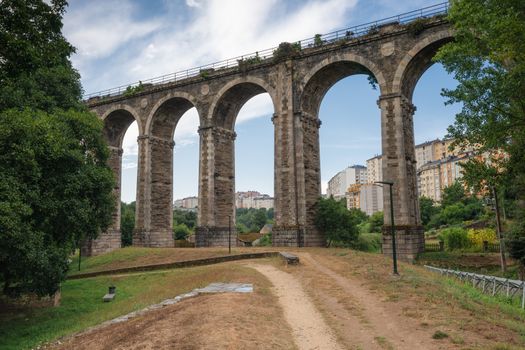 Panoramic image of the old railway bridge of Lugo with the city in the background, Galicia, Spain
