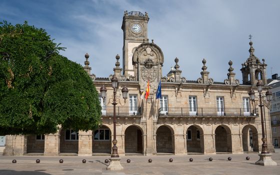 Panoramic image of the historic townhall of Lugo on a cloudy day, Camino de Santiago trail, Calicia, Spain