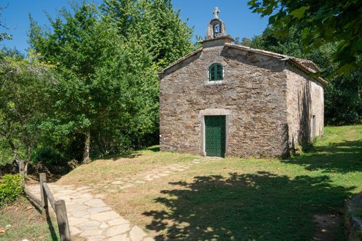 Panoramic image of the chapel of Pedrouzo, Camino de Santiago trail, Galicia, Spain