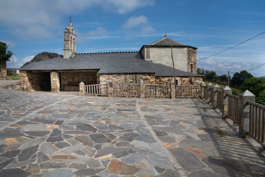 Old church Santa Maria Magdalena in sunlight with blue sky, Penafonte, Camino de Santiago close to Grandas de Salime, Asturias, Spain
