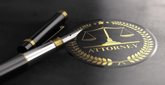 Attorney sign design with scales of justice symbol printed on black background and fountain pen. 3D illustration