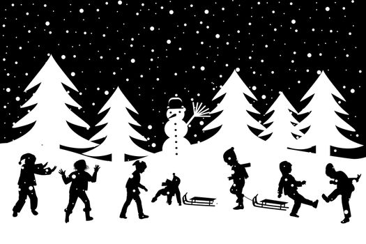 Black and white winter greeting card with kids playing in the snow